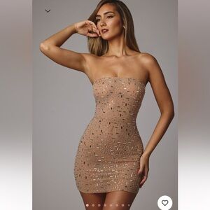Sheer Embellished Mini Dress in Almond - Size 0 - Oh Polly